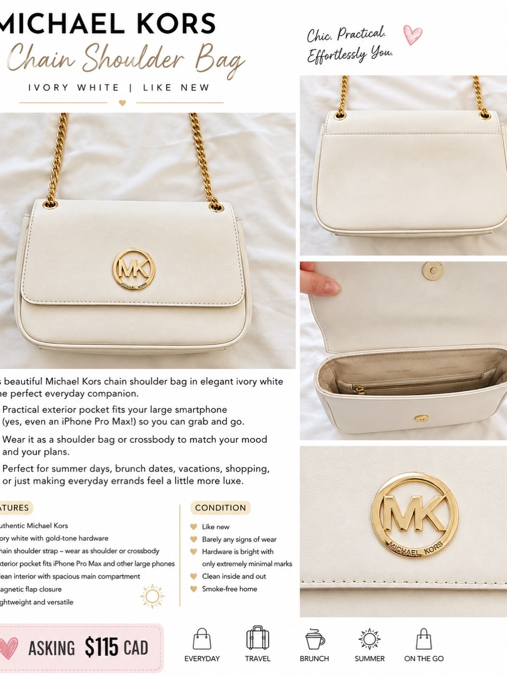 Michael Kors Ivory Chain Shoulder Bag with Gold Hardware